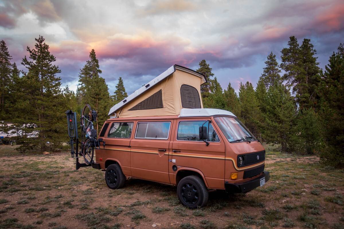 VW Westfalia at sunset in the mountains
